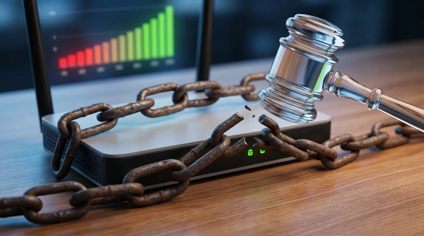 Imagem quebrando uma corrente em volta de um modem, ilustrando como cancelar internet sem pagar multa