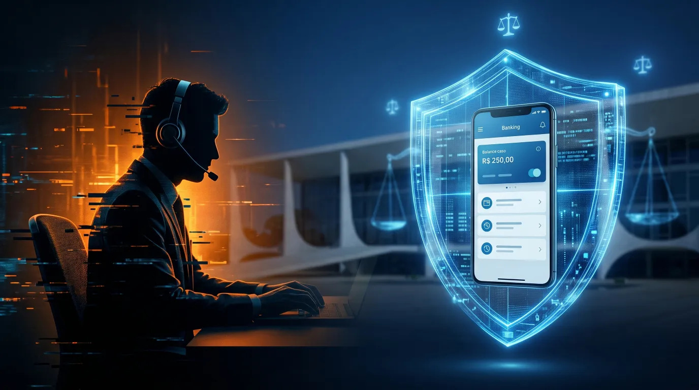Ilustração conceitual sobre golpe da falsa central de atendimento telefônico e direitos do consumidor bancário perante o STJ.