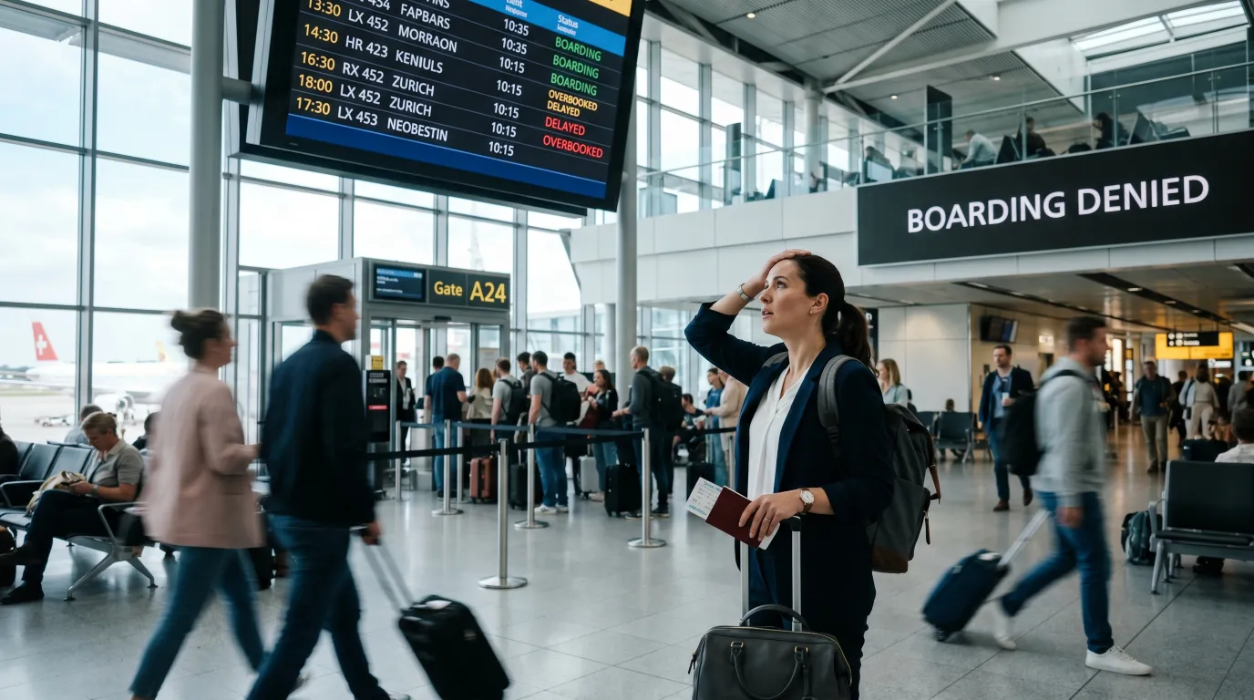 Imagem de mulher desolada no aeroporto, representando um caso de overbooking e negativa de embarque